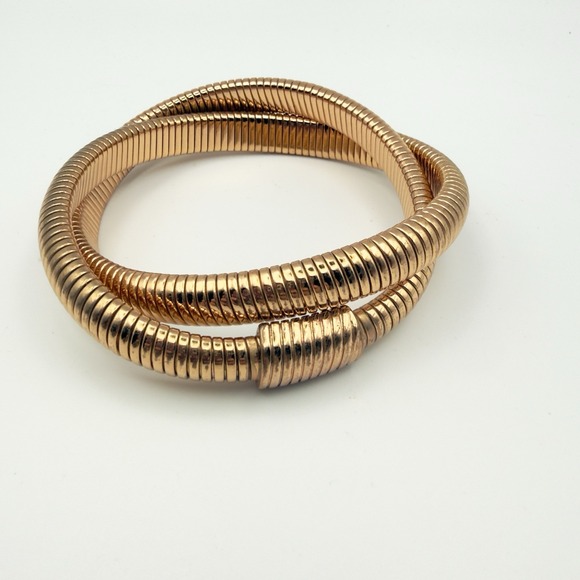 Estate Jewelry - Gold Tone Gaspipe Tubogas Double Wrap Crossover Flexible Bangle Bracelet 7-7.5"